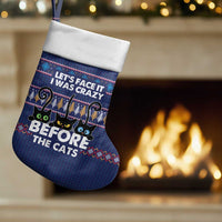 Crazy Cat Lover Christmas Stocking with Black Cats and Funny Quote in Blue Holiday Knit Pattern Design - Wonder Print Shop