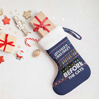 Crazy Cat Lover Christmas Stocking with Black Cats and Funny Quote in Blue Holiday Knit Pattern Design - Wonder Print Shop
