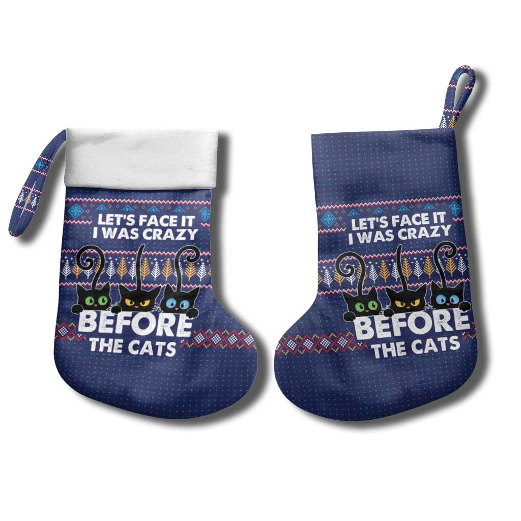Crazy Cat Lover Christmas Stocking with Black Cats and Funny Quote in Blue Holiday Knit Pattern Design - Wonder Print Shop