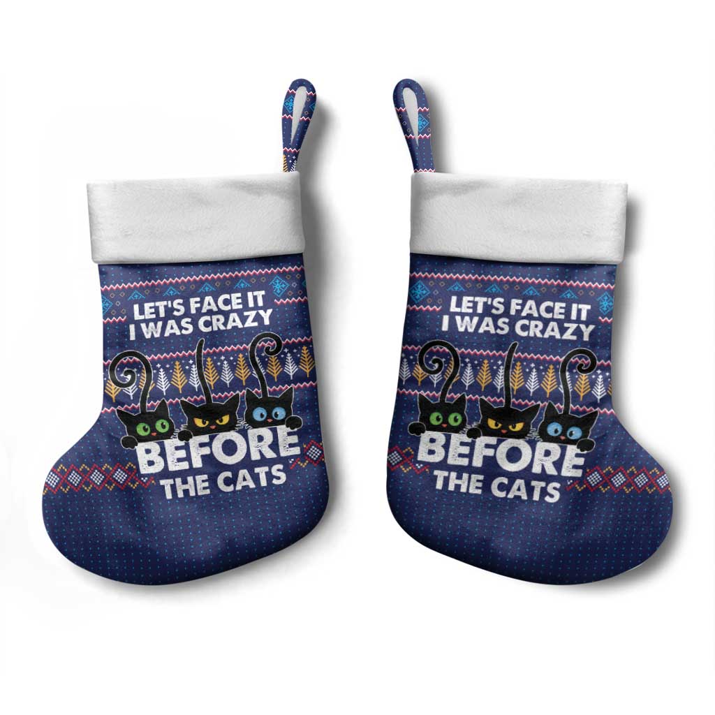 Crazy Cat Lover Christmas Stocking with Black Cats and Funny Quote in Blue Holiday Knit Pattern Design - Wonder Print Shop