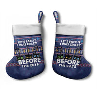 Crazy Cat Lover Christmas Stocking with Black Cats and Funny Quote in Blue Holiday Knit Pattern Design - Wonder Print Shop