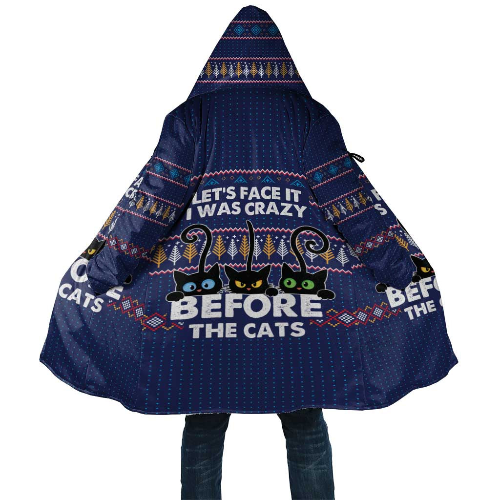 Crazy Cat Lover Cloak with Black Cats and Funny Quote in Blue Holiday Knit Pattern Design - Wonder Print Shop