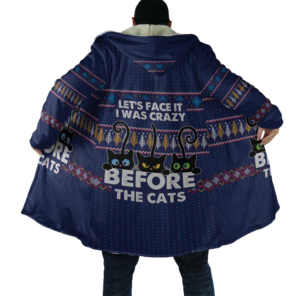 Crazy Cat Lover Cloak with Black Cats and Funny Quote in Blue Holiday Knit Pattern Design - Wonder Print Shop