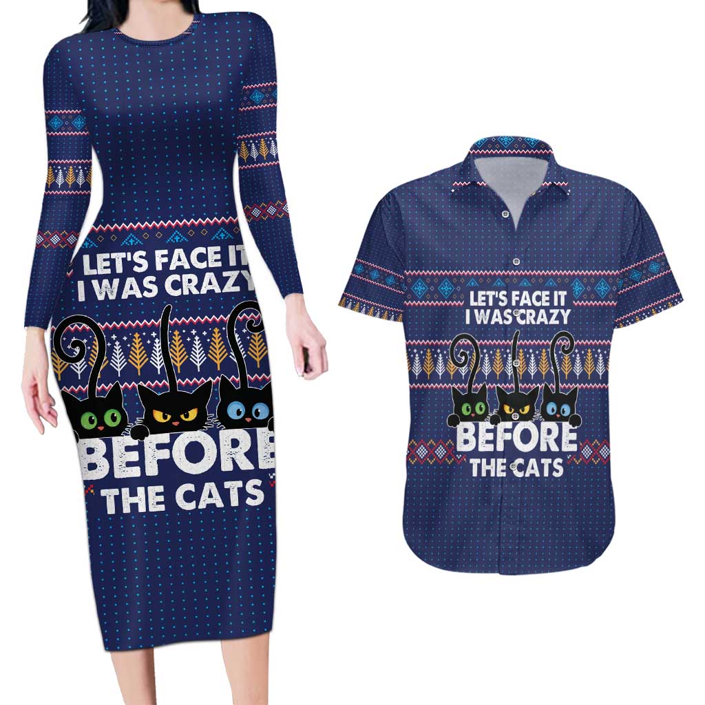 Crazy Cat Lover Couples Matching Long Sleeve Bodycon Dress and Hawaiian Shirt with Black Cats and Funny Quote in Blue Holiday Knit Pattern Design - Wonder Print Shop