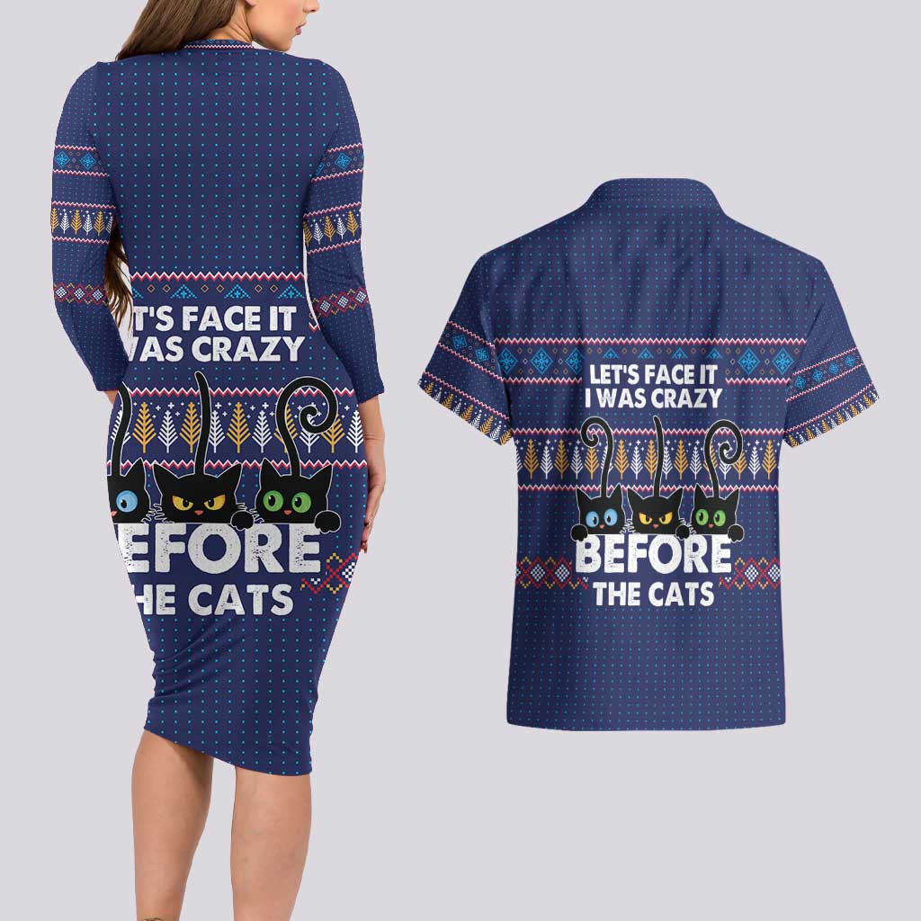 Crazy Cat Lover Couples Matching Long Sleeve Bodycon Dress and Hawaiian Shirt with Black Cats and Funny Quote in Blue Holiday Knit Pattern Design - Wonder Print Shop