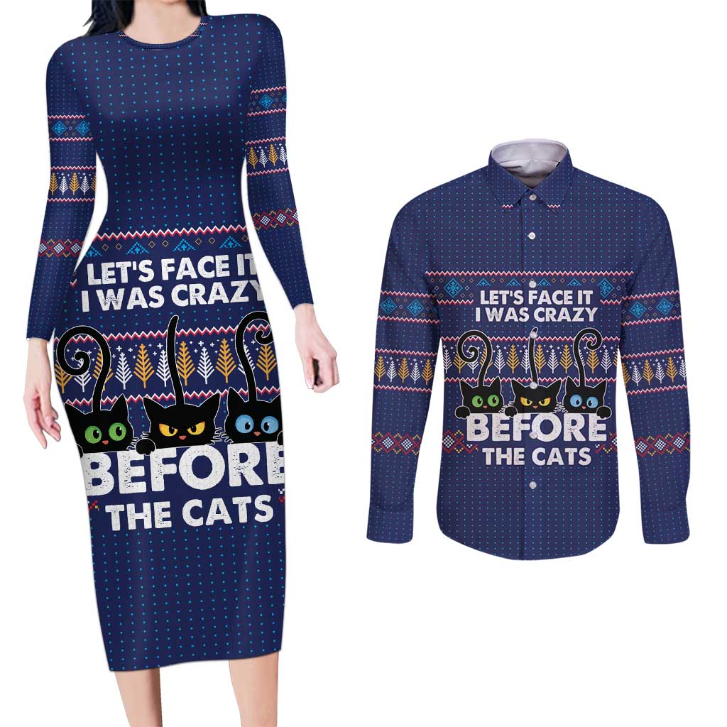 Crazy Cat Lover Couples Matching Long Sleeve Bodycon Dress and Long Sleeve Button Shirt with Black Cats and Funny Quote in Blue Holiday Knit Pattern Design - Wonder Print Shop