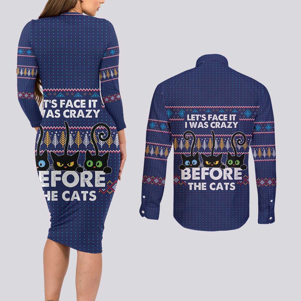 Crazy Cat Lover Couples Matching Long Sleeve Bodycon Dress and Long Sleeve Button Shirt with Black Cats and Funny Quote in Blue Holiday Knit Pattern Design - Wonder Print Shop