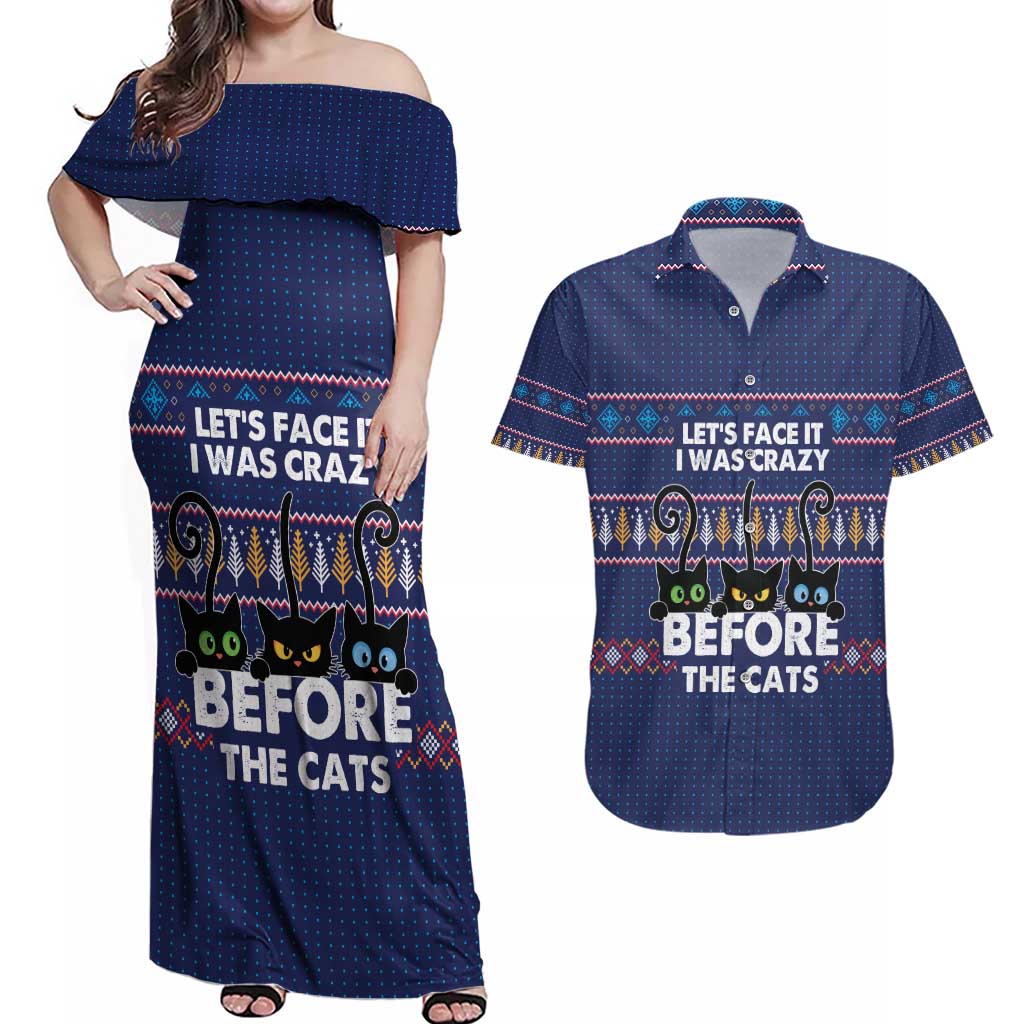 Crazy Cat Lover Couples Matching Off Shoulder Maxi Dress and Hawaiian Shirt with Black Cats and Funny Quote in Blue Holiday Knit Pattern Design - Wonder Print Shop