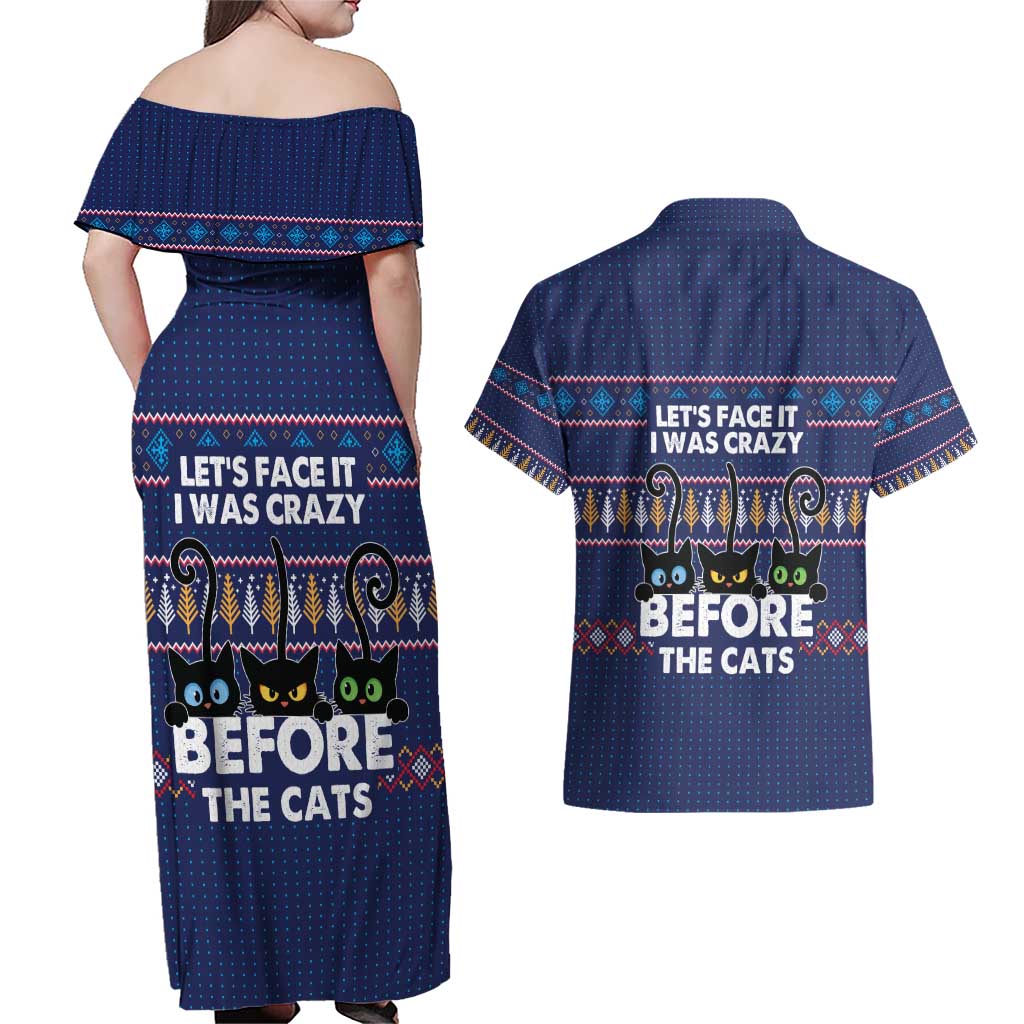 Crazy Cat Lover Couples Matching Off Shoulder Maxi Dress and Hawaiian Shirt with Black Cats and Funny Quote in Blue Holiday Knit Pattern Design - Wonder Print Shop