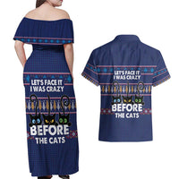 Crazy Cat Lover Couples Matching Off Shoulder Maxi Dress and Hawaiian Shirt with Black Cats and Funny Quote in Blue Holiday Knit Pattern Design - Wonder Print Shop