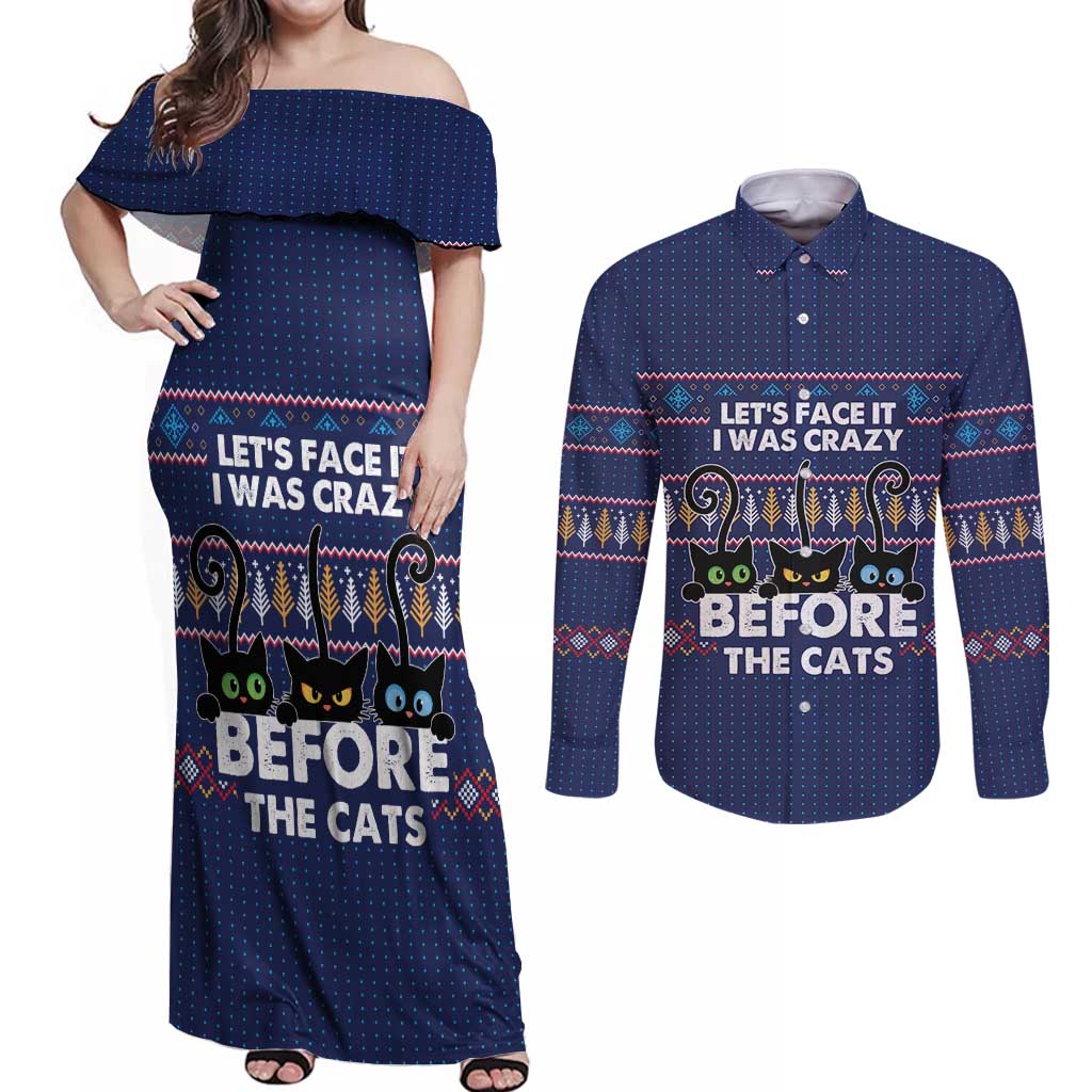 Crazy Cat Lover Couples Matching Off Shoulder Maxi Dress and Long Sleeve Button Shirt with Black Cats and Funny Quote in Blue Holiday Knit Pattern Design - Wonder Print Shop
