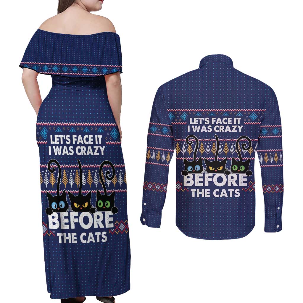 Crazy Cat Lover Couples Matching Off Shoulder Maxi Dress and Long Sleeve Button Shirt with Black Cats and Funny Quote in Blue Holiday Knit Pattern Design - Wonder Print Shop