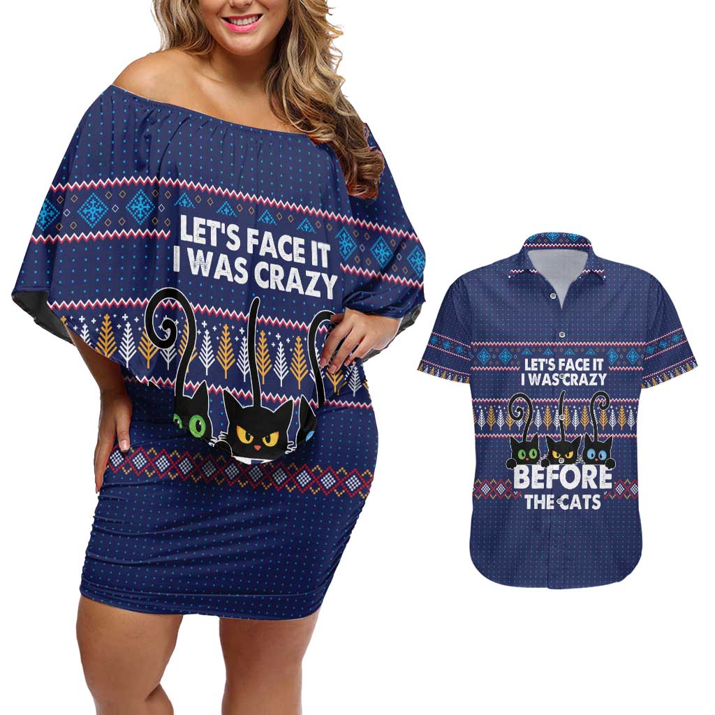 Crazy Cat Lover Couples Matching Off Shoulder Short Dress and Hawaiian Shirt with Black Cats and Funny Quote in Blue Holiday Knit Pattern Design - Wonder Print Shop