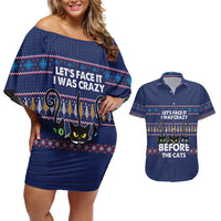 Crazy Cat Lover Couples Matching Off Shoulder Short Dress and Hawaiian Shirt with Black Cats and Funny Quote in Blue Holiday Knit Pattern Design - Wonder Print Shop