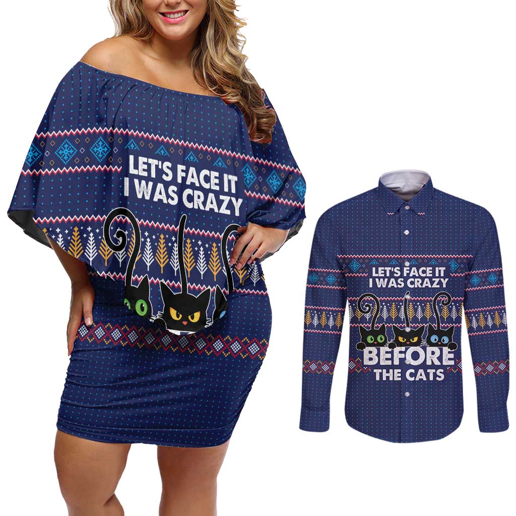 Crazy Cat Lover Couples Matching Off Shoulder Short Dress and Long Sleeve Button Shirt with Black Cats and Funny Quote in Blue Holiday Knit Pattern Design - Wonder Print Shop