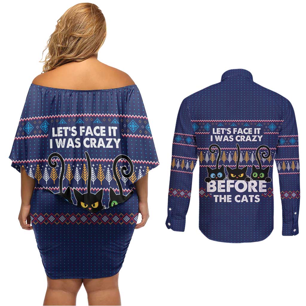 Crazy Cat Lover Couples Matching Off Shoulder Short Dress and Long Sleeve Button Shirt with Black Cats and Funny Quote in Blue Holiday Knit Pattern Design - Wonder Print Shop