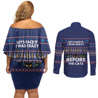 Crazy Cat Lover Couples Matching Off Shoulder Short Dress and Long Sleeve Button Shirt with Black Cats and Funny Quote in Blue Holiday Knit Pattern Design - Wonder Print Shop