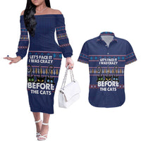 Crazy Cat Lover Couples Matching Off The Shoulder Long Sleeve Dress and Hawaiian Shirt with Black Cats and Funny Quote in Blue Holiday Knit Pattern Design - Wonder Print Shop