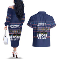 Crazy Cat Lover Couples Matching Off The Shoulder Long Sleeve Dress and Hawaiian Shirt with Black Cats and Funny Quote in Blue Holiday Knit Pattern Design - Wonder Print Shop