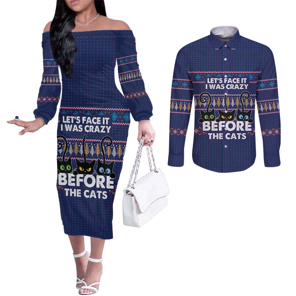 Crazy Cat Lover Couples Matching Off The Shoulder Long Sleeve Dress and Long Sleeve Button Shirt with Black Cats and Funny Quote in Blue Holiday Knit Pattern Design - Wonder Print Shop