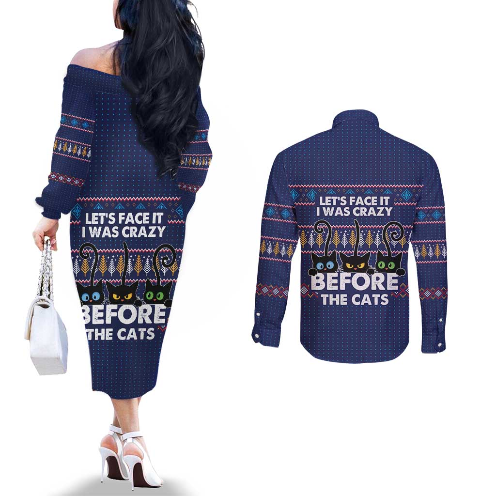 Crazy Cat Lover Couples Matching Off The Shoulder Long Sleeve Dress and Long Sleeve Button Shirt with Black Cats and Funny Quote in Blue Holiday Knit Pattern Design - Wonder Print Shop