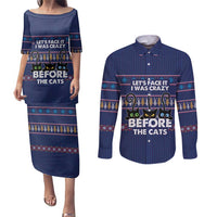 Crazy Cat Lover Couples Matching Puletasi and Long Sleeve Button Shirt with Black Cats and Funny Quote in Blue Holiday Knit Pattern Design - Wonder Print Shop