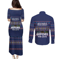 Crazy Cat Lover Couples Matching Puletasi and Long Sleeve Button Shirt with Black Cats and Funny Quote in Blue Holiday Knit Pattern Design - Wonder Print Shop