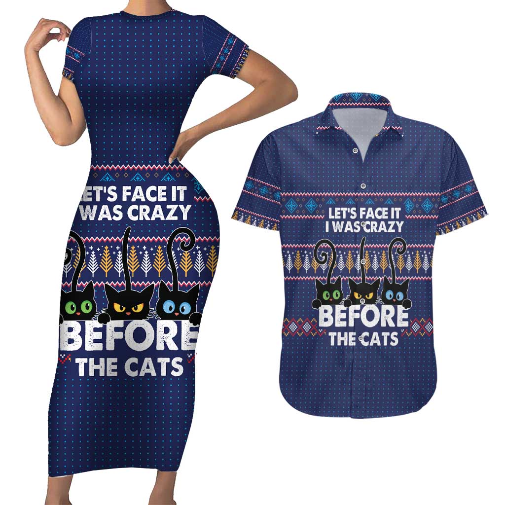 Crazy Cat Lover Couples Matching Short Sleeve Bodycon Dress and Hawaiian Shirt with Black Cats and Funny Quote in Blue Holiday Knit Pattern Design - Wonder Print Shop