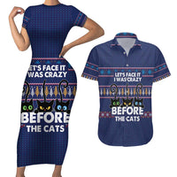 Crazy Cat Lover Couples Matching Short Sleeve Bodycon Dress and Hawaiian Shirt with Black Cats and Funny Quote in Blue Holiday Knit Pattern Design - Wonder Print Shop
