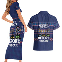 Crazy Cat Lover Couples Matching Short Sleeve Bodycon Dress and Hawaiian Shirt with Black Cats and Funny Quote in Blue Holiday Knit Pattern Design - Wonder Print Shop