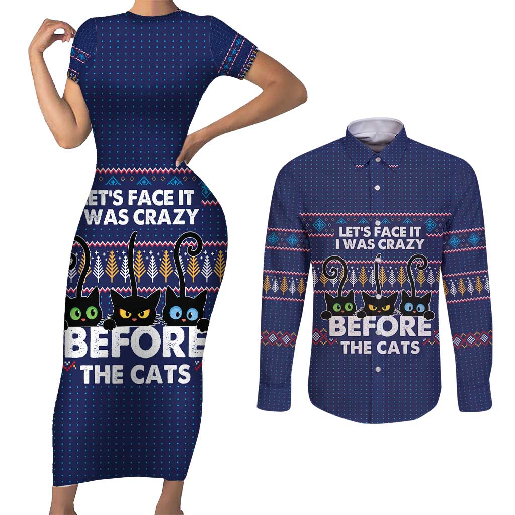 Crazy Cat Lover Couples Matching Short Sleeve Bodycon Dress and Long Sleeve Button Shirt with Black Cats and Funny Quote in Blue Holiday Knit Pattern Design - Wonder Print Shop