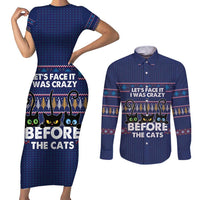 Crazy Cat Lover Couples Matching Short Sleeve Bodycon Dress and Long Sleeve Button Shirt with Black Cats and Funny Quote in Blue Holiday Knit Pattern Design - Wonder Print Shop