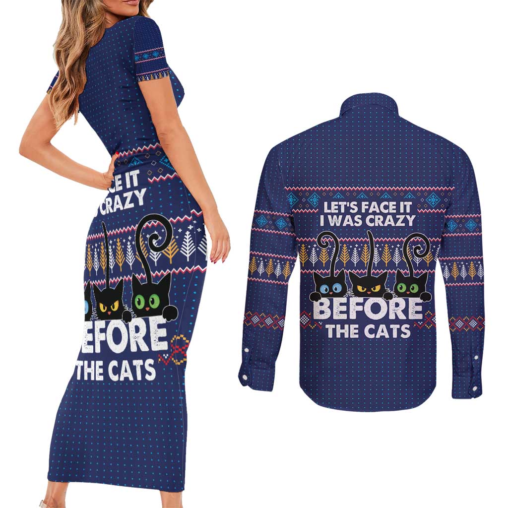 Crazy Cat Lover Couples Matching Short Sleeve Bodycon Dress and Long Sleeve Button Shirt with Black Cats and Funny Quote in Blue Holiday Knit Pattern Design - Wonder Print Shop