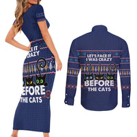 Crazy Cat Lover Couples Matching Short Sleeve Bodycon Dress and Long Sleeve Button Shirt with Black Cats and Funny Quote in Blue Holiday Knit Pattern Design - Wonder Print Shop