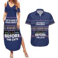Crazy Cat Lover Couples Matching Summer Maxi Dress and Hawaiian Shirt with Black Cats and Funny Quote in Blue Holiday Knit Pattern Design - Wonder Print Shop