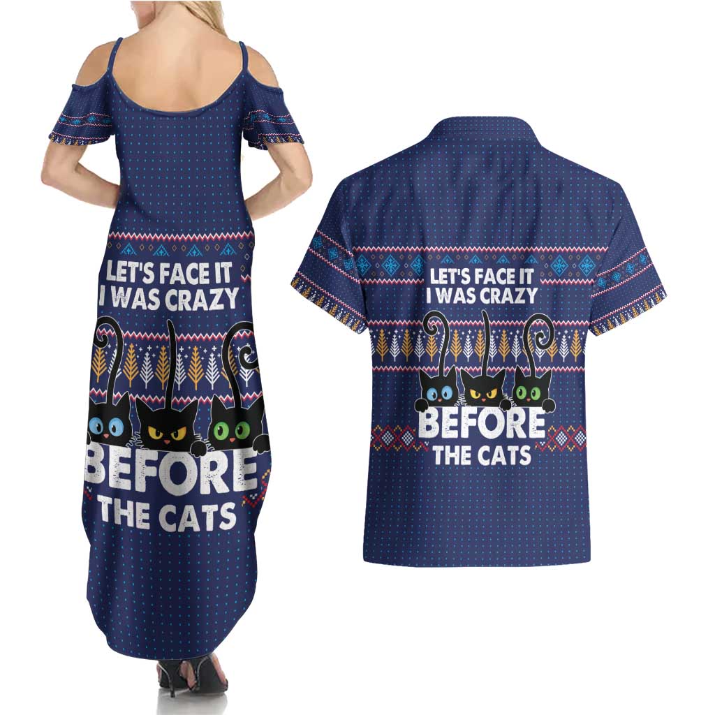 Crazy Cat Lover Couples Matching Summer Maxi Dress and Hawaiian Shirt with Black Cats and Funny Quote in Blue Holiday Knit Pattern Design - Wonder Print Shop