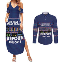 Crazy Cat Lover Couples Matching Summer Maxi Dress and Long Sleeve Button Shirt with Black Cats and Funny Quote in Blue Holiday Knit Pattern Design - Wonder Print Shop