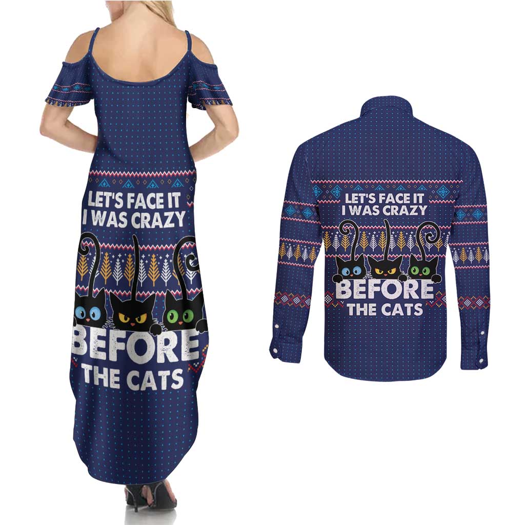 Crazy Cat Lover Couples Matching Summer Maxi Dress and Long Sleeve Button Shirt with Black Cats and Funny Quote in Blue Holiday Knit Pattern Design - Wonder Print Shop