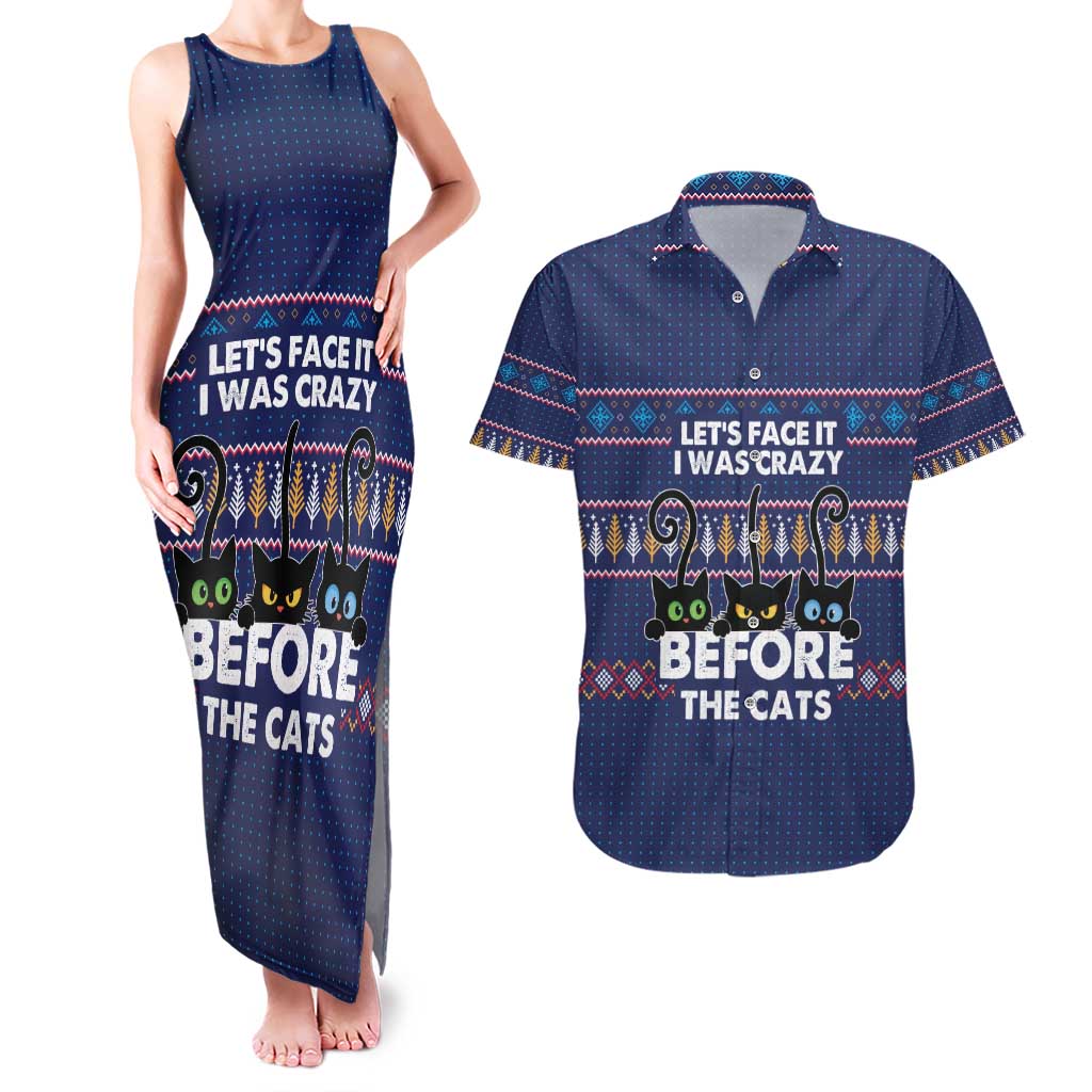 Crazy Cat Lover Couples Matching Tank Maxi Dress and Hawaiian Shirt with Black Cats and Funny Quote in Blue Holiday Knit Pattern Design - Wonder Print Shop
