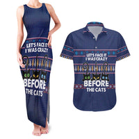 Crazy Cat Lover Couples Matching Tank Maxi Dress and Hawaiian Shirt with Black Cats and Funny Quote in Blue Holiday Knit Pattern Design - Wonder Print Shop