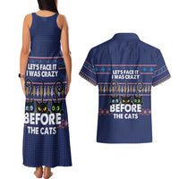 Crazy Cat Lover Couples Matching Tank Maxi Dress and Hawaiian Shirt with Black Cats and Funny Quote in Blue Holiday Knit Pattern Design - Wonder Print Shop