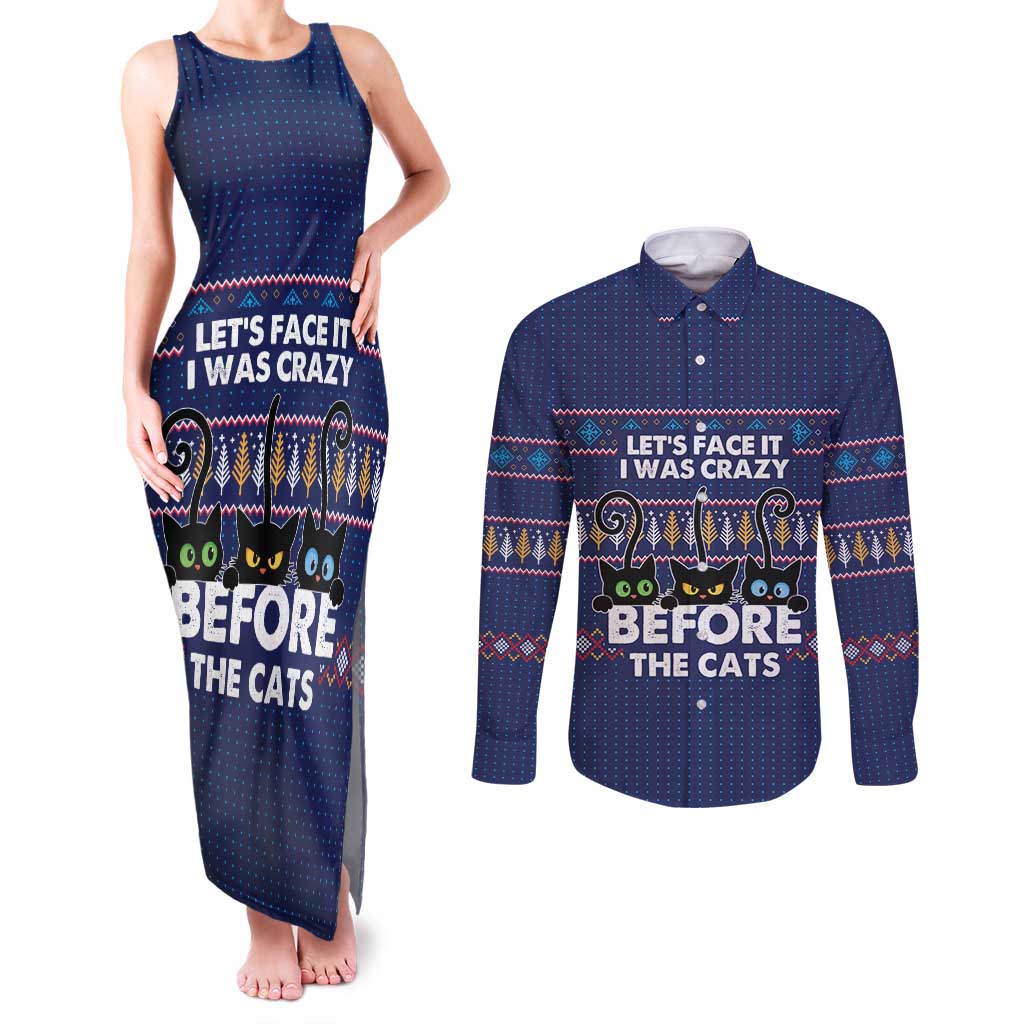 Crazy Cat Lover Couples Matching Tank Maxi Dress and Long Sleeve Button Shirt with Black Cats and Funny Quote in Blue Holiday Knit Pattern Design - Wonder Print Shop