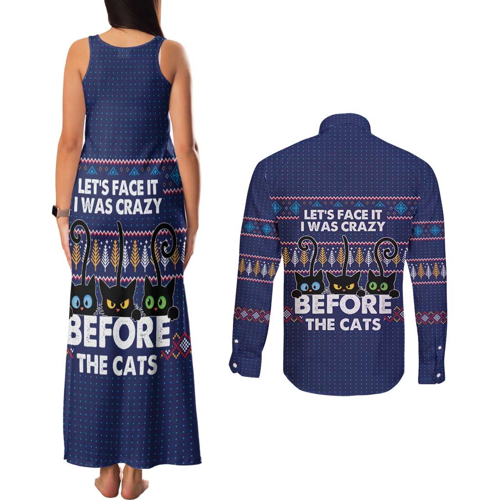 Crazy Cat Lover Couples Matching Tank Maxi Dress and Long Sleeve Button Shirt with Black Cats and Funny Quote in Blue Holiday Knit Pattern Design - Wonder Print Shop