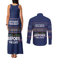 Crazy Cat Lover Couples Matching Tank Maxi Dress and Long Sleeve Button Shirt with Black Cats and Funny Quote in Blue Holiday Knit Pattern Design - Wonder Print Shop