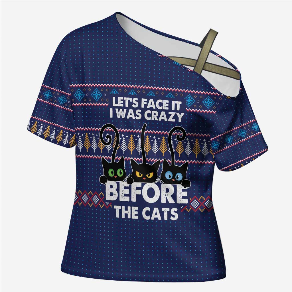 Crazy Cat Lover Cross Shoulder Shirt with Black Cats and Funny Quote in Blue Holiday Knit Pattern Design - Wonder Print Shop