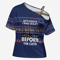 Crazy Cat Lover Cross Shoulder Shirt with Black Cats and Funny Quote in Blue Holiday Knit Pattern Design - Wonder Print Shop