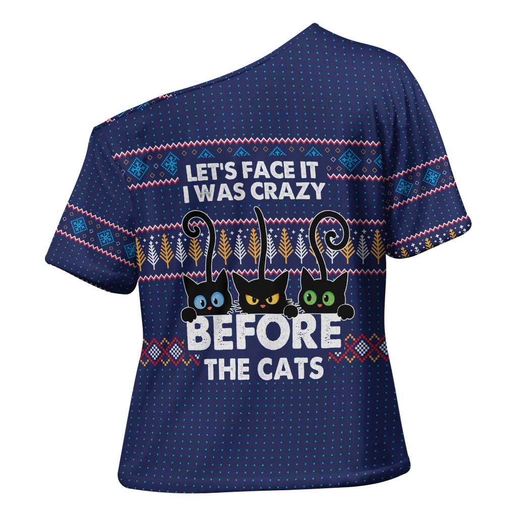Crazy Cat Lover Cross Shoulder Shirt with Black Cats and Funny Quote in Blue Holiday Knit Pattern Design - Wonder Print Shop