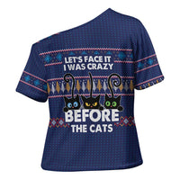 Crazy Cat Lover Cross Shoulder Shirt with Black Cats and Funny Quote in Blue Holiday Knit Pattern Design - Wonder Print Shop