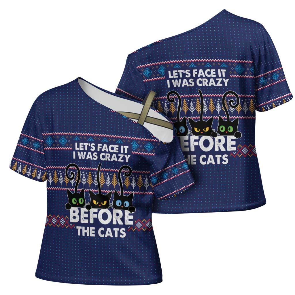 Crazy Cat Lover Cross Shoulder Shirt with Black Cats and Funny Quote in Blue Holiday Knit Pattern Design - Wonder Print Shop