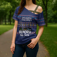 Crazy Cat Lover Cross Shoulder Shirt with Black Cats and Funny Quote in Blue Holiday Knit Pattern Design - Wonder Print Shop
